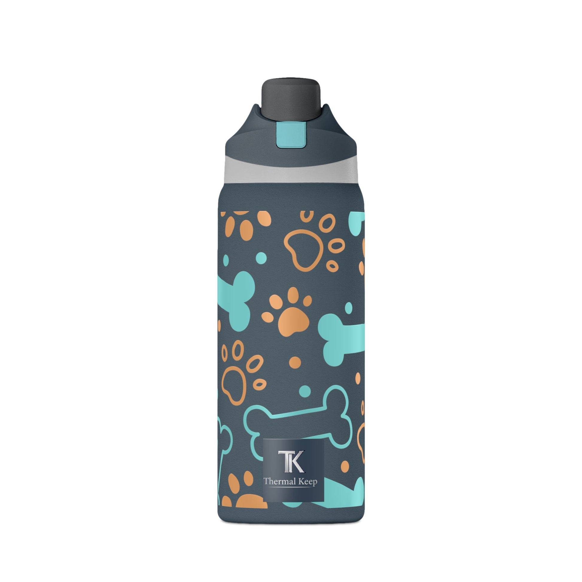 Thermal keep water bottle with dog paw and bone pattern on a white background