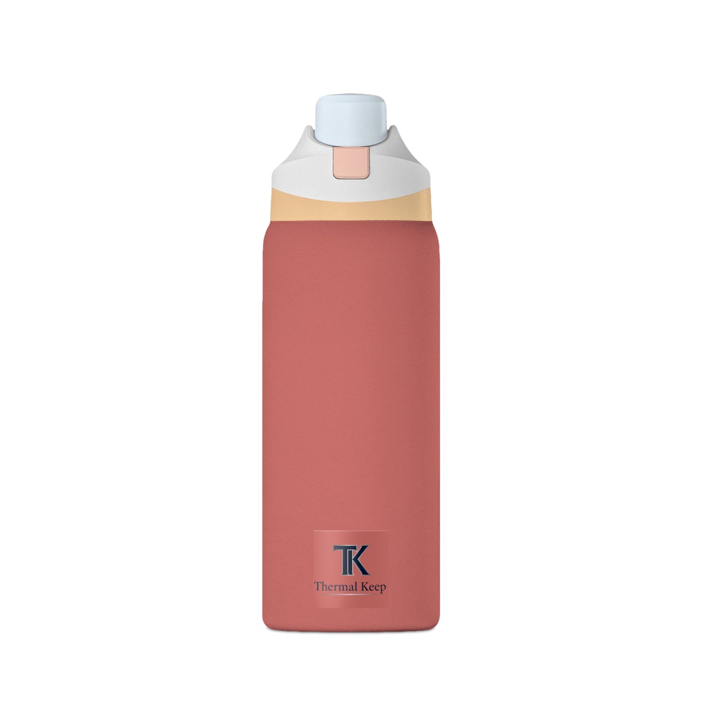 Pink water bottle with a white and gold cap on a white background