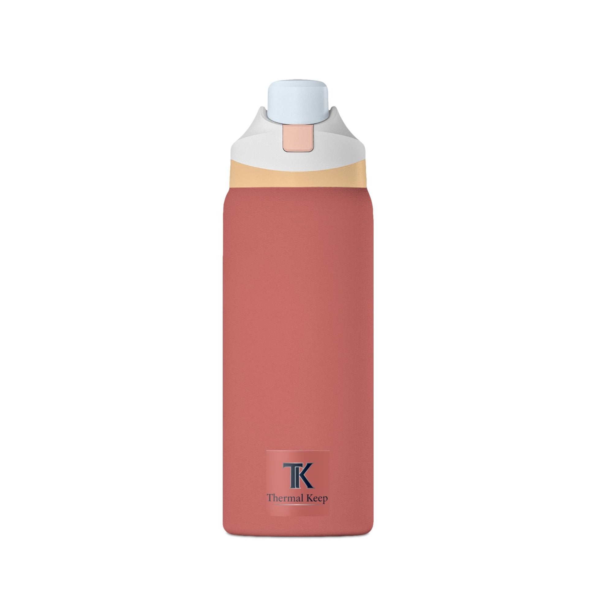 Pink water bottle with a white and gold cap on a white background