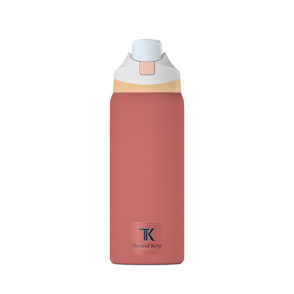 Pink water bottle with a white and gold cap on a white background