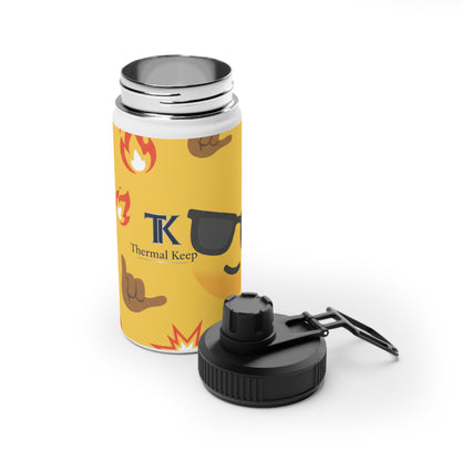 Emoji Pattern Stainless Steel Water Bottle — Yellow Cool Face & Flames Sports Lid