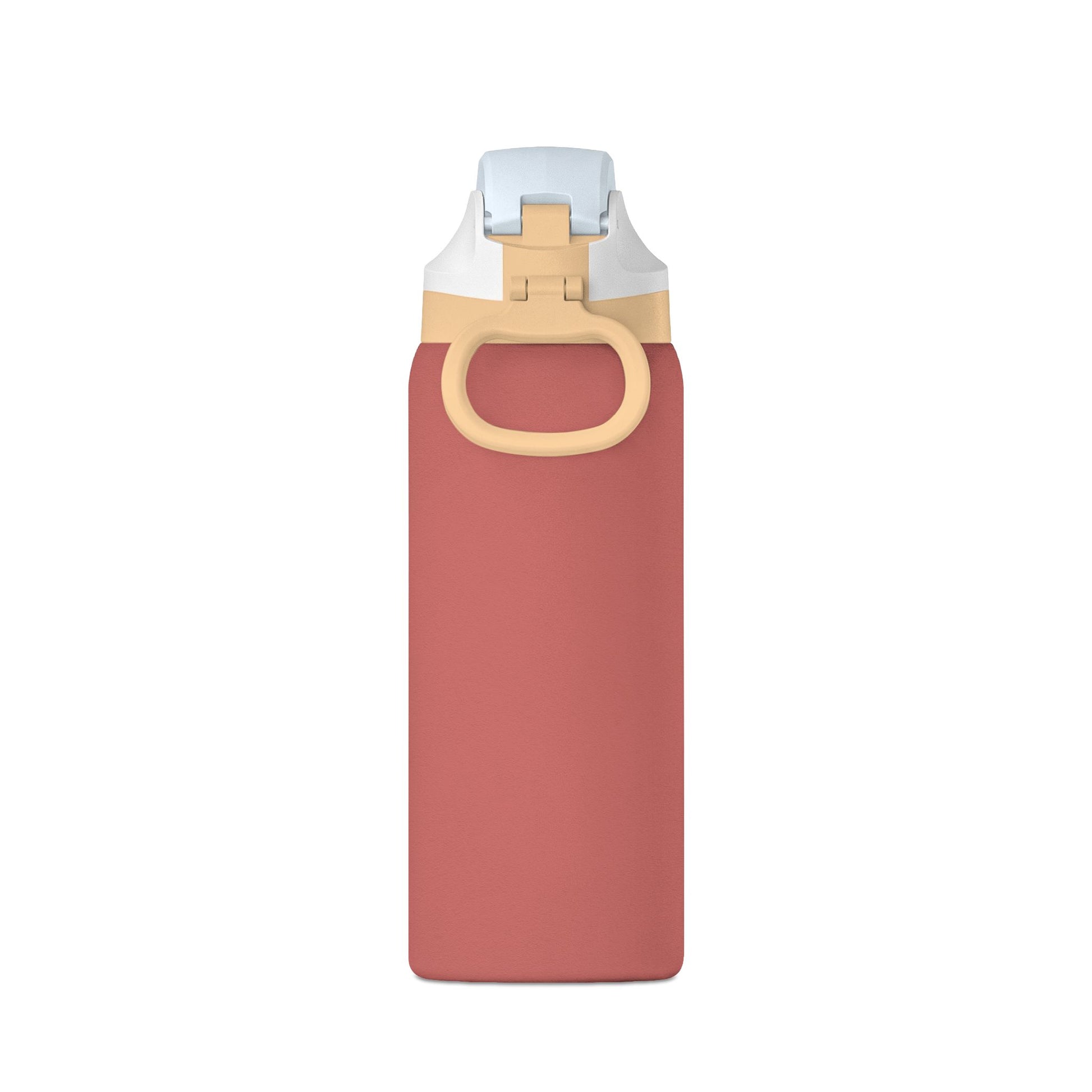 Pink water bottle with a wooden cap on a white background