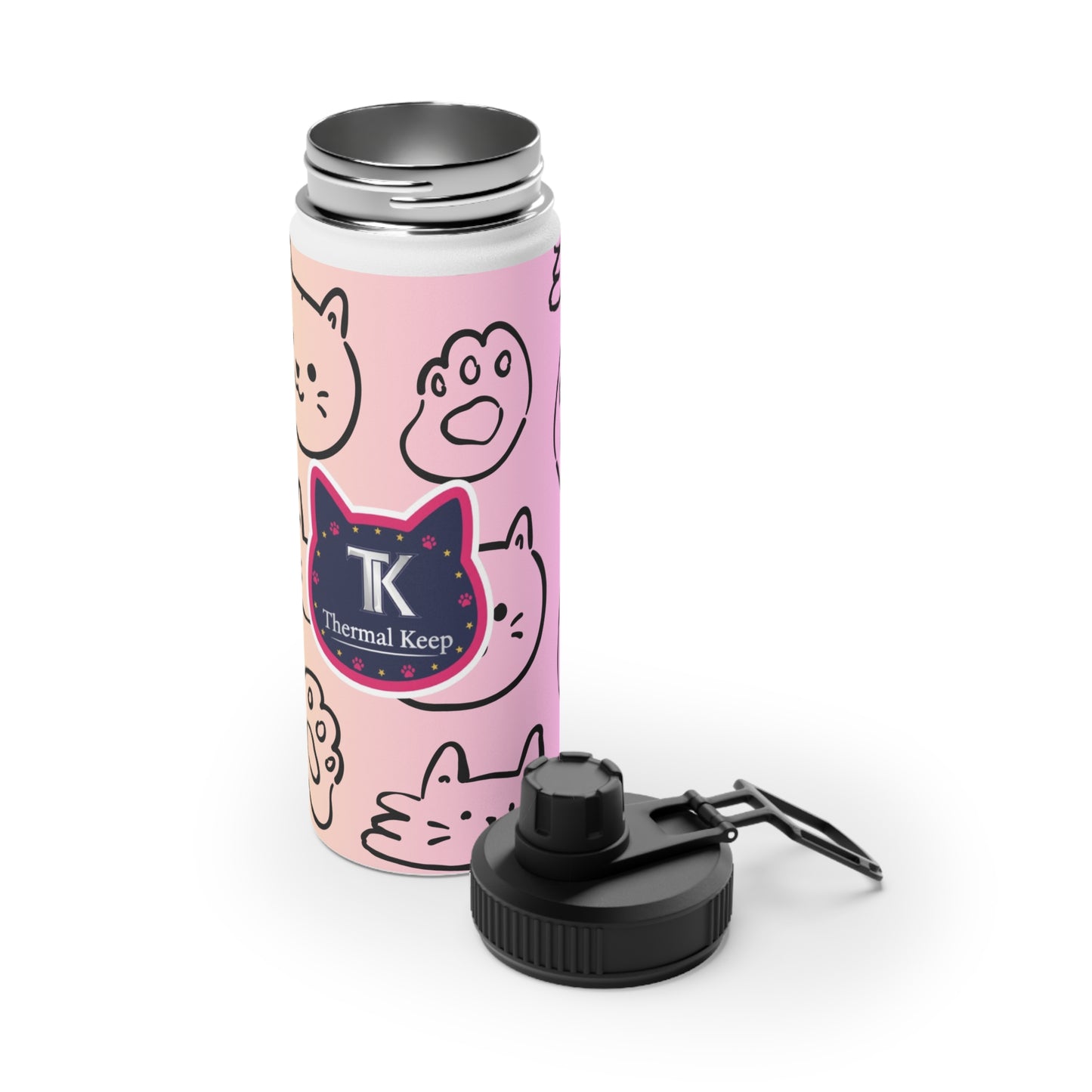 Pink thermal mug with cat designs and 'Thermal Keep' branding on a white background