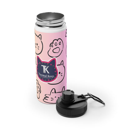 Pink thermal mug with cat designs and 'Thermal Keep' branding on a white background