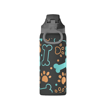 Water bottle with dog-themed design on a white background