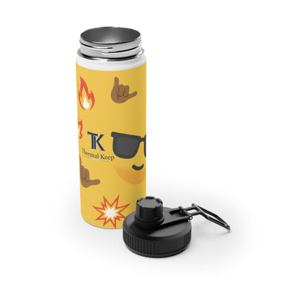 Emoji Pattern Stainless Steel Water Bottle — Yellow Cool Face & Flames Sports Lid