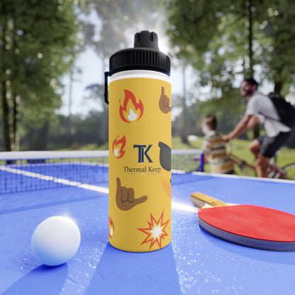 Emoji Pattern Stainless Steel Water Bottle — Yellow Cool Face & Flames Sports Lid