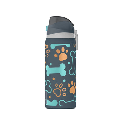 Water bottle with dog-themed design on a white background