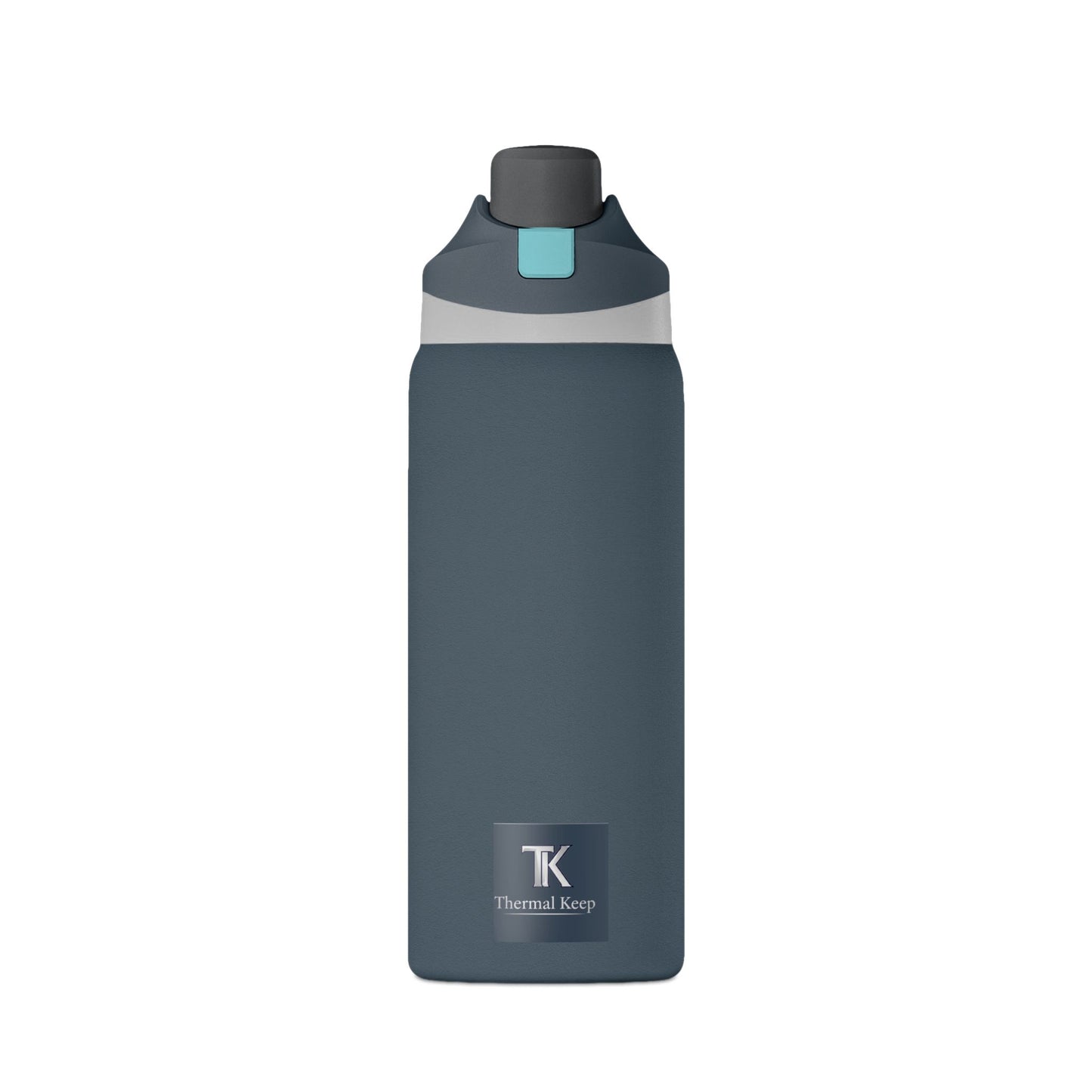 Night Fall Blue water bottle with a black cap and teal label on a white background
