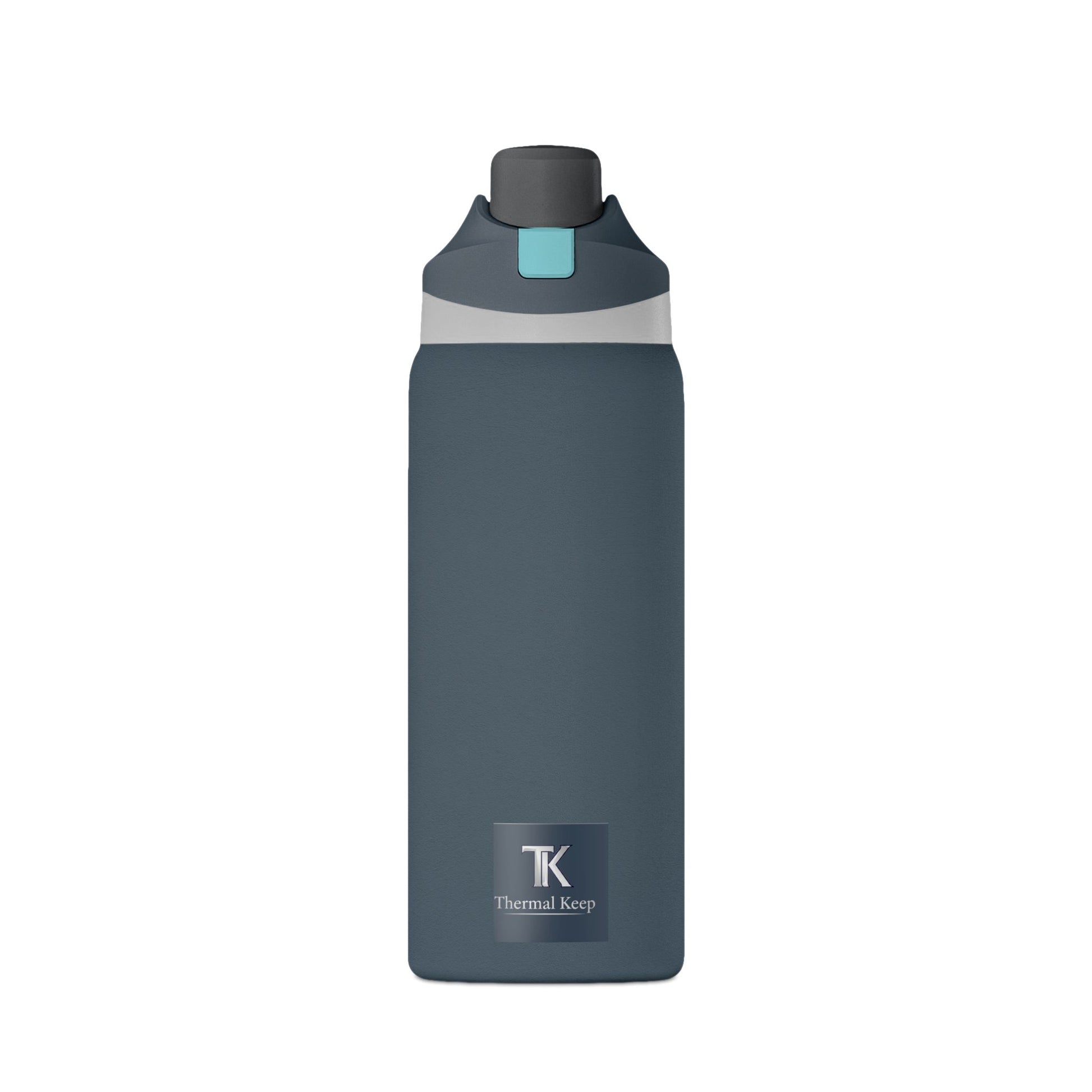 Night Fall Blue water bottle with a black cap and teal label on a white background