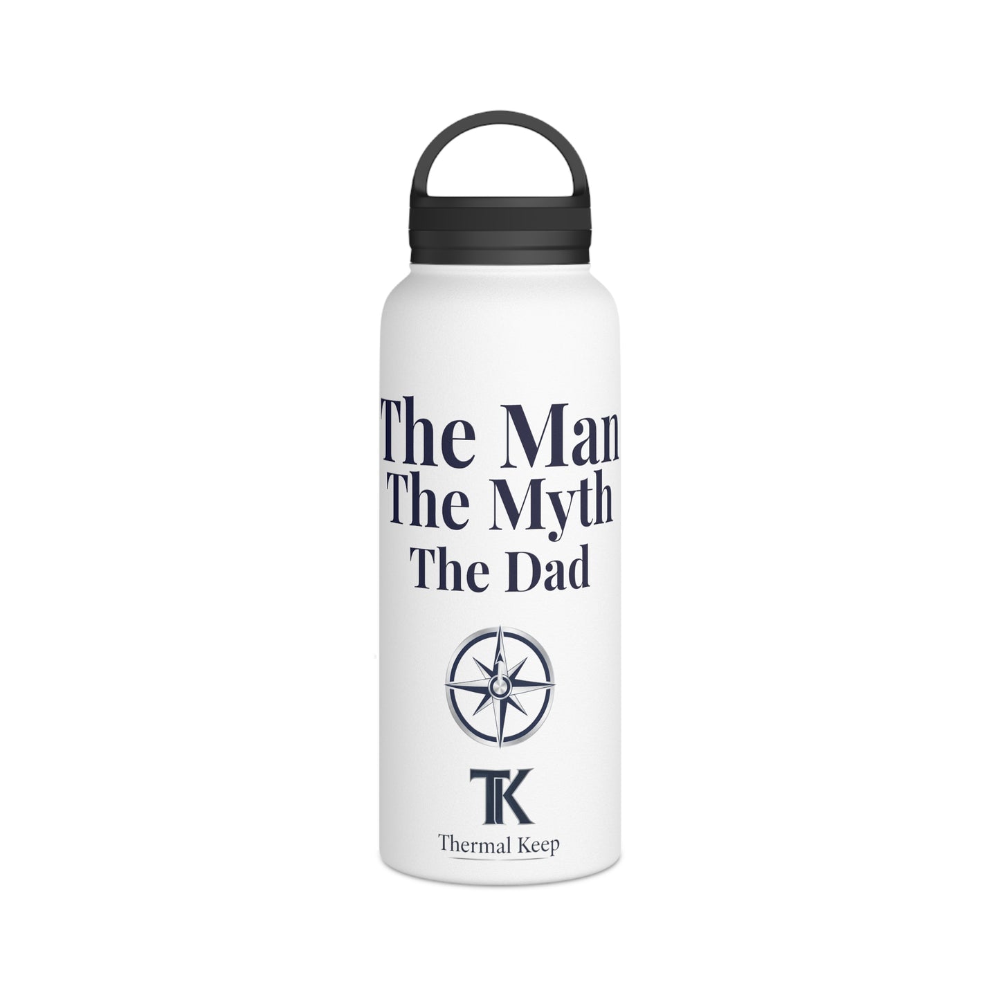 White water bottle with black text and logo on a white background