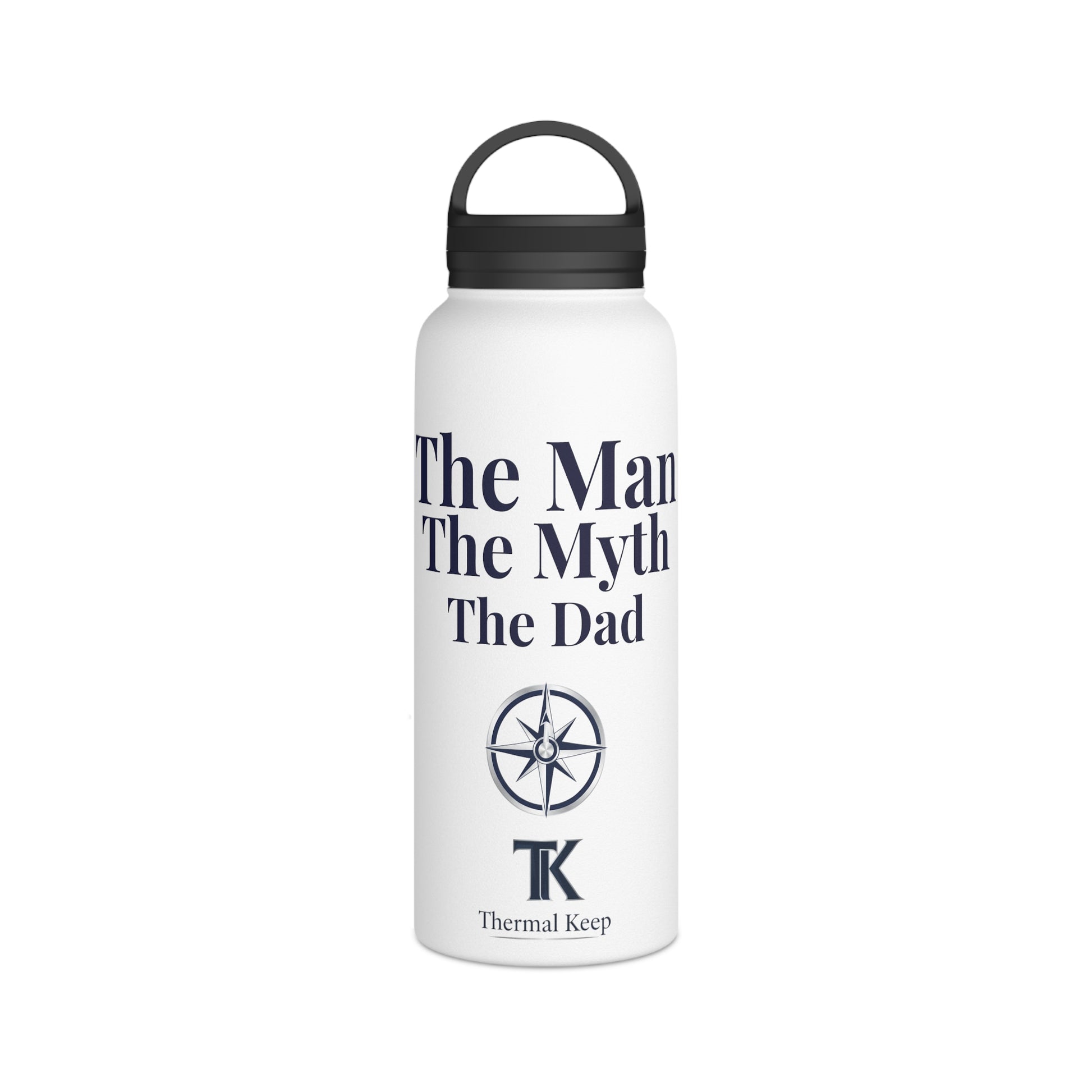 White water bottle with black text and logo on a white background