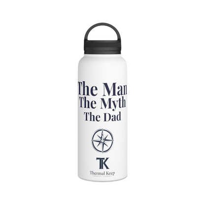 White water bottle with black text and logo on a white background