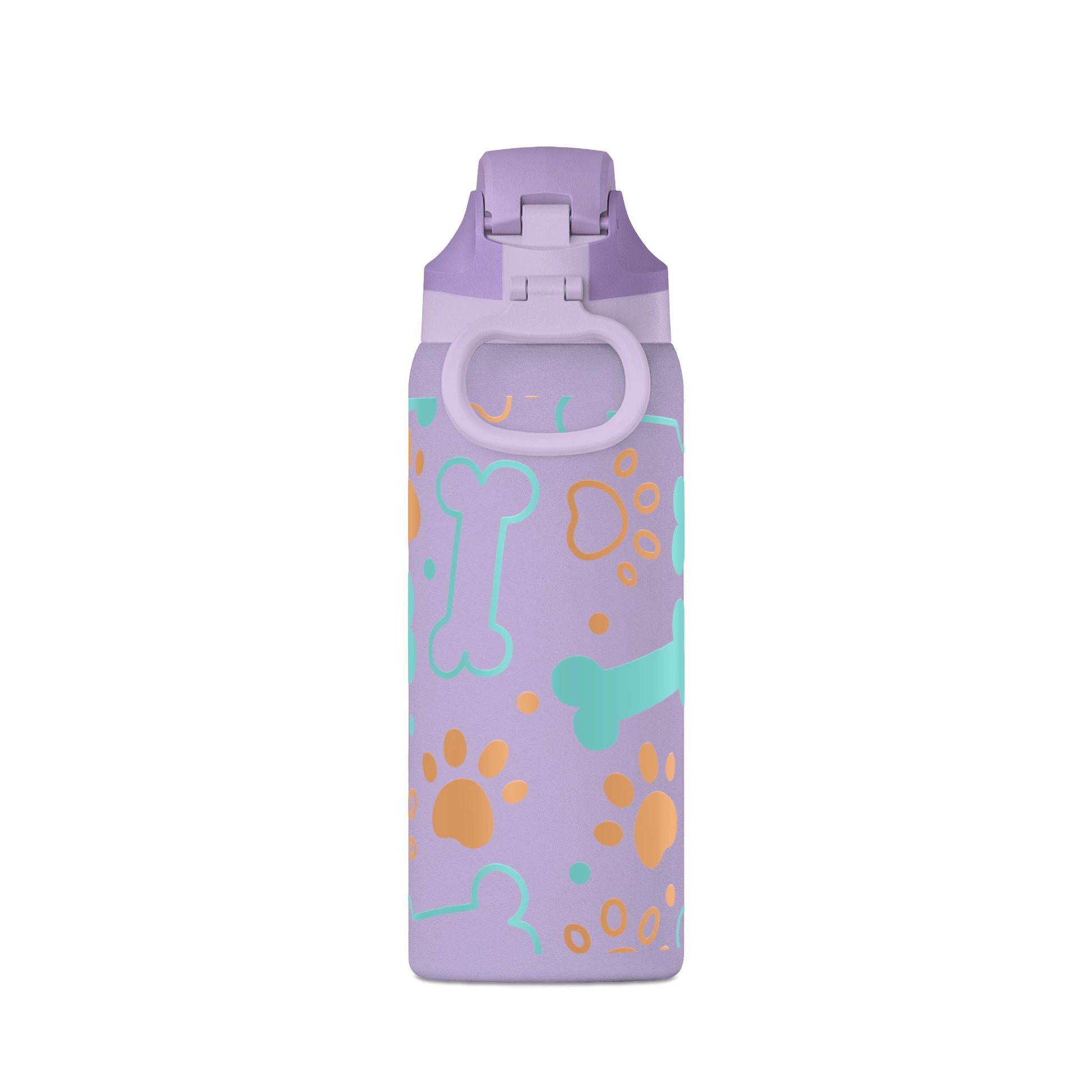 Purple water bottle with paw print design on a white background