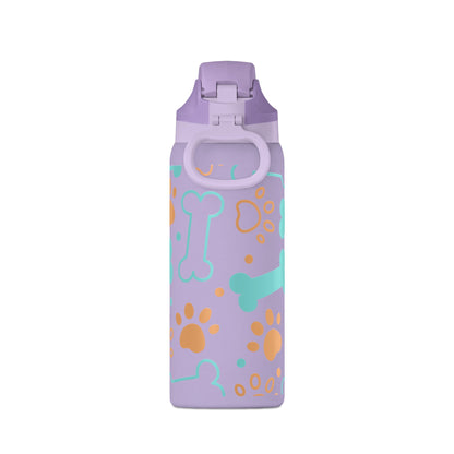 Purple water bottle with paw print design on a white background