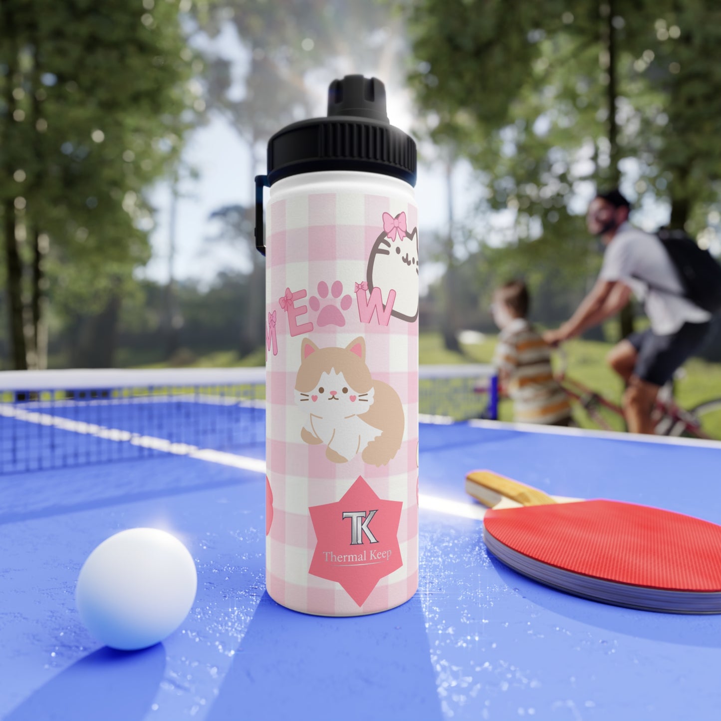 Cute Pink Kawaii Cat & Fruit Stainless Steel Water Bottle (Sports Lid)