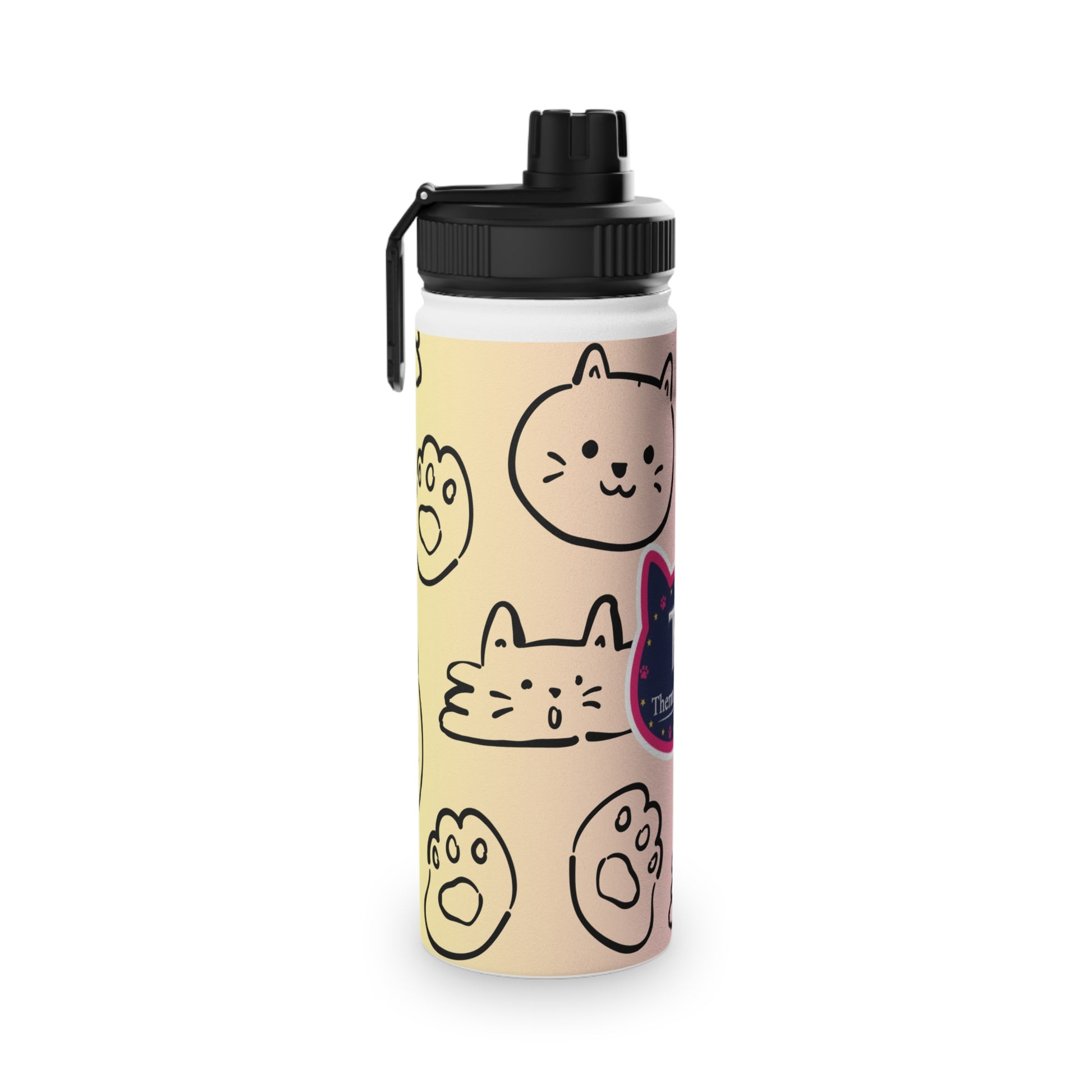Water bottle with cat illustrations on a beige background