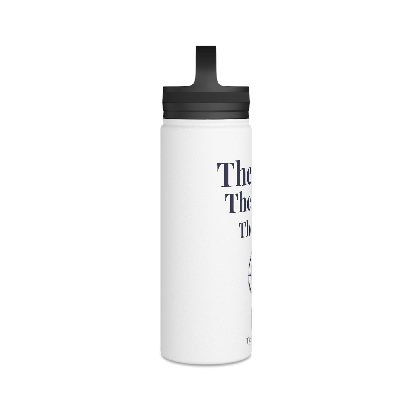 White water bottle with black lid and text on a white background