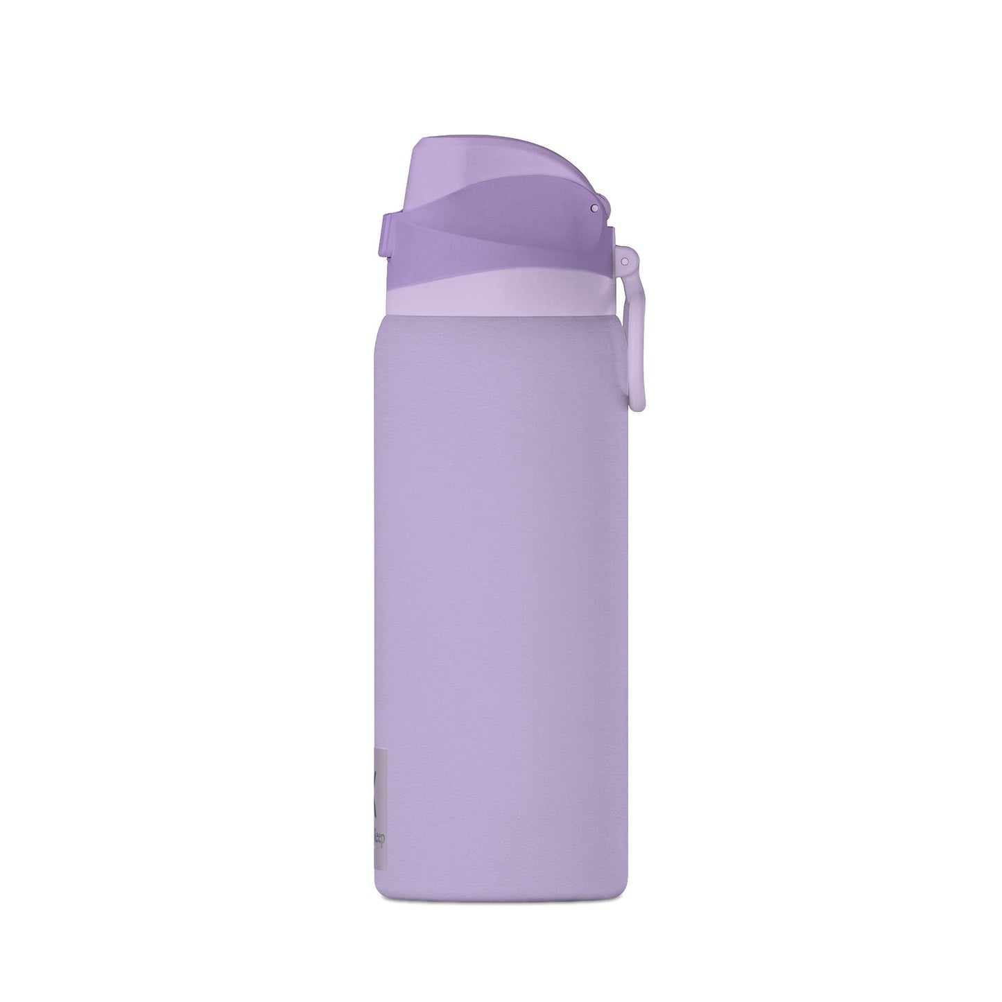 Purple water bottle with a white cap on a white background