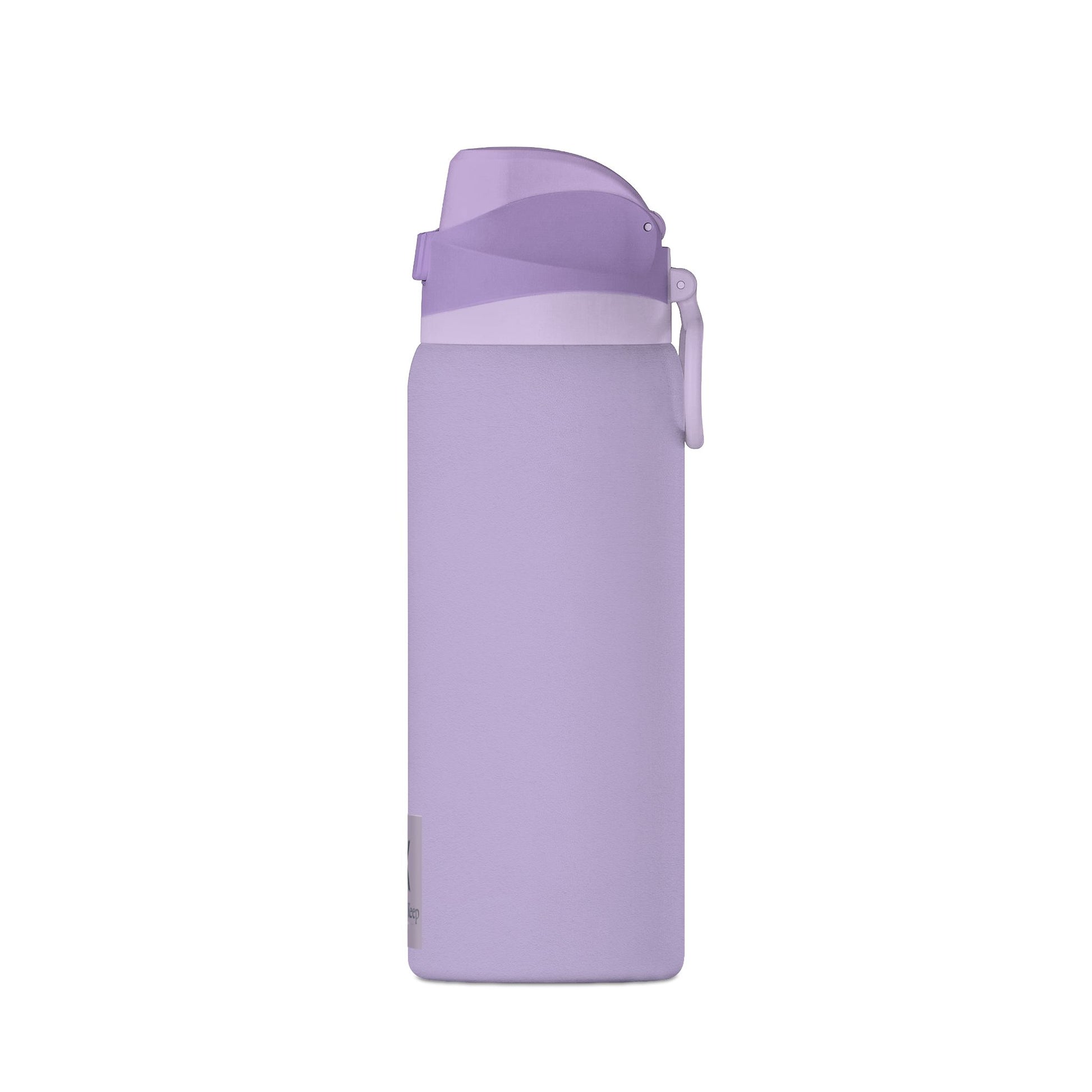 Purple water bottle with a white cap on a white background