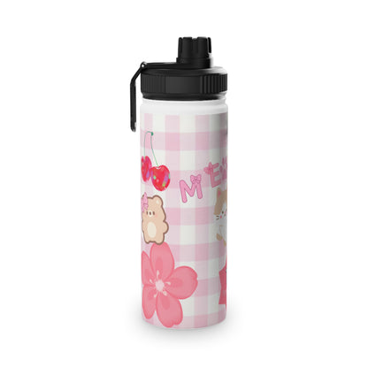 Cute Pink Kawaii Cat & Fruit Stainless Steel Water Bottle (Sports Lid)