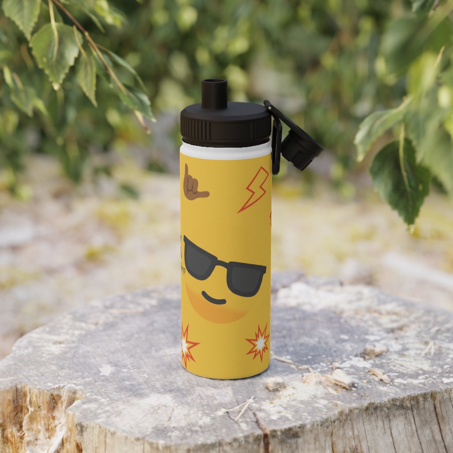 Emoji Pattern Stainless Steel Water Bottle — Yellow Cool Face & Flames Sports Lid