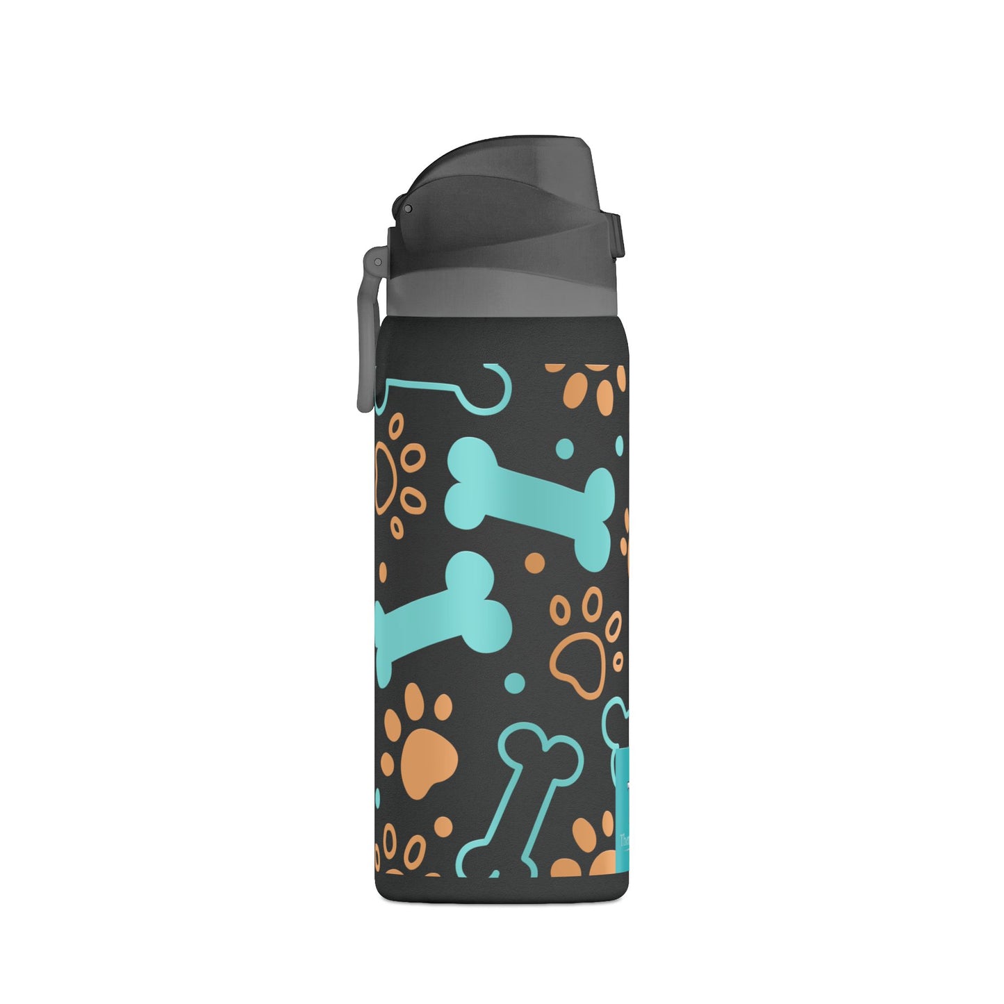 Water bottle with dog-themed pattern on a white background