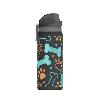 Water bottle with dog-themed pattern on a white background