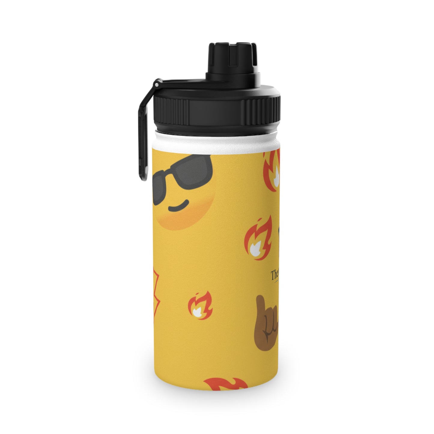 Emoji Pattern Stainless Steel Water Bottle — Yellow Cool Face & Flames Sports Lid