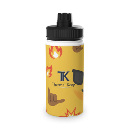 Emoji Pattern Stainless Steel Water Bottle — Yellow Cool Face & Flames Sports Lid