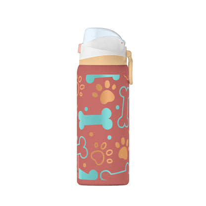 Colorful water bottle with dog-themed design on a white background