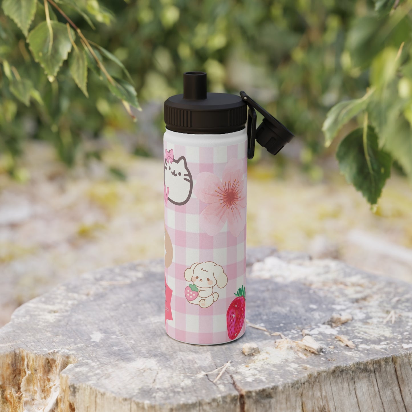 Cute Pink Kawaii Cat & Fruit Stainless Steel Water Bottle (Sports Lid)
