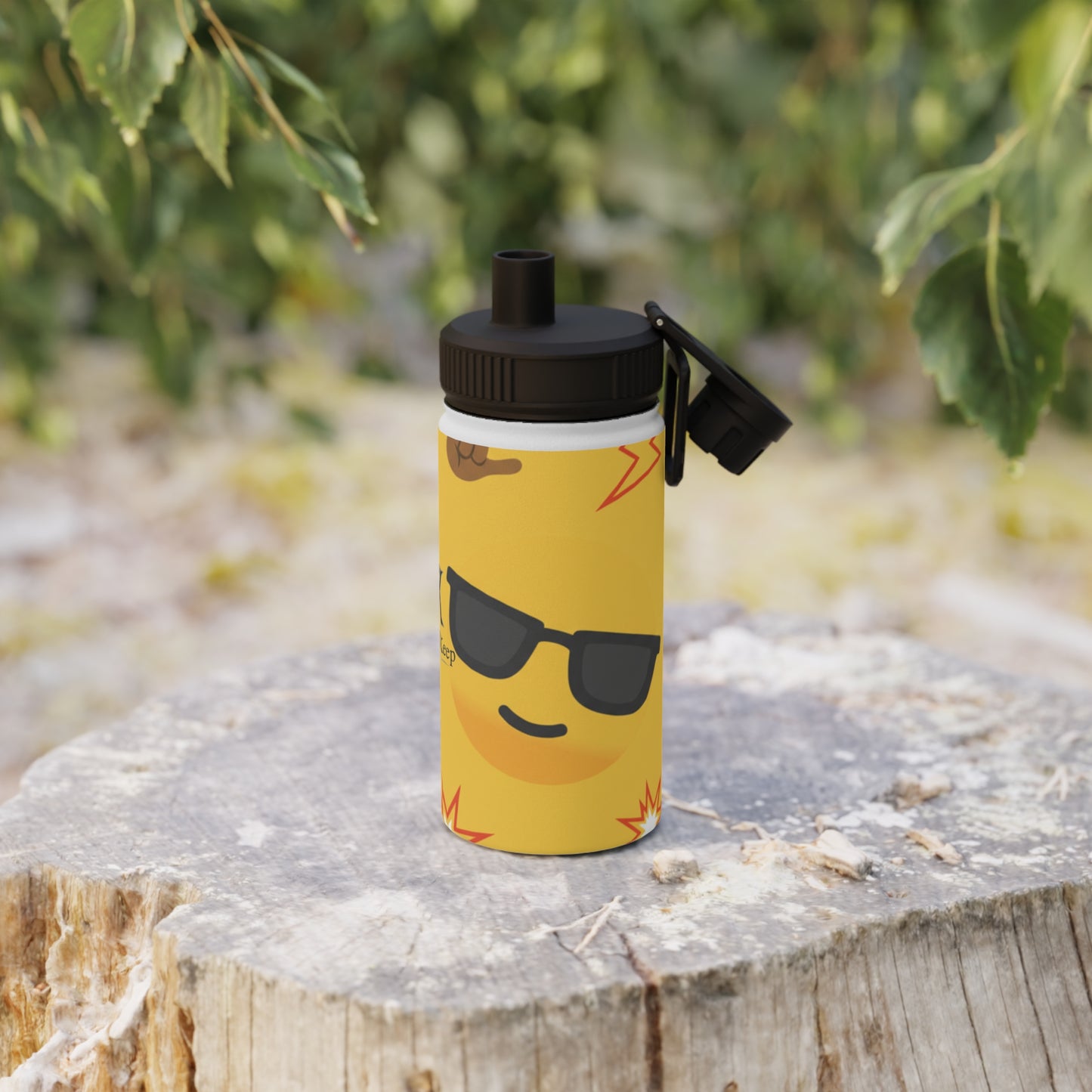Emoji Pattern Stainless Steel Water Bottle — Yellow Cool Face & Flames Sports Lid
