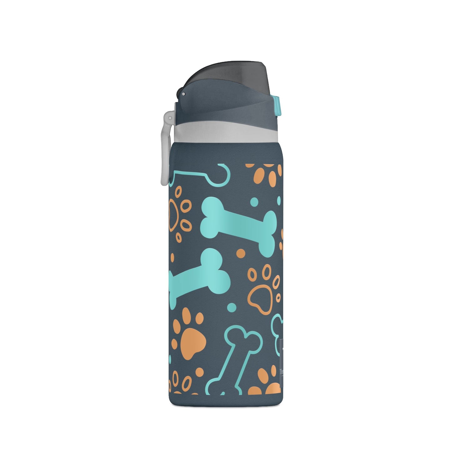 Water bottle with dog bone and paw print pattern on a white background