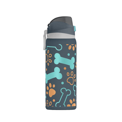 Water bottle with dog bone and paw print pattern on a white background