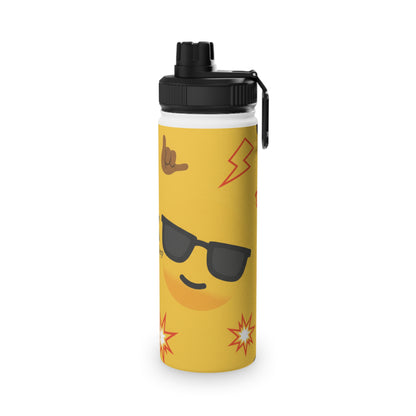Emoji Pattern Stainless Steel Water Bottle — Yellow Cool Face & Flames Sports Lid