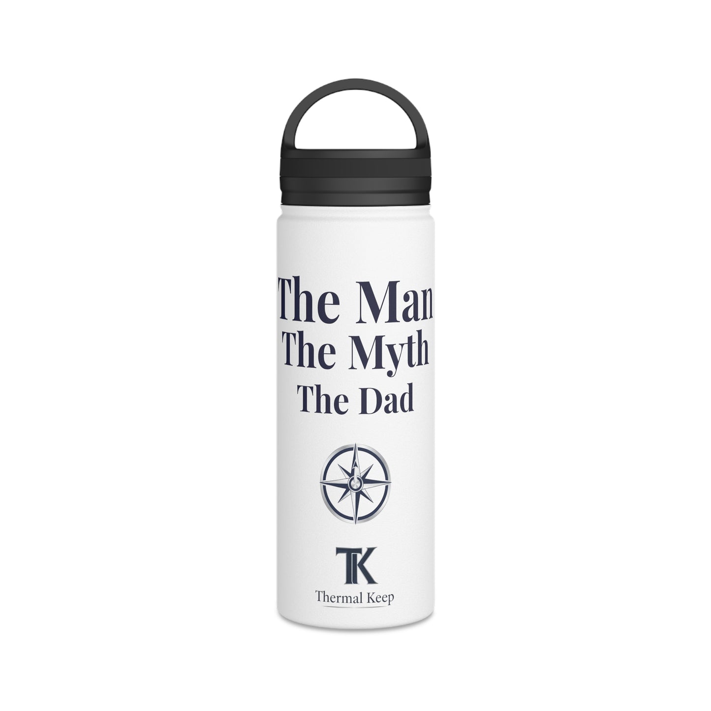 White insulated bottle with black text and logo on a white background