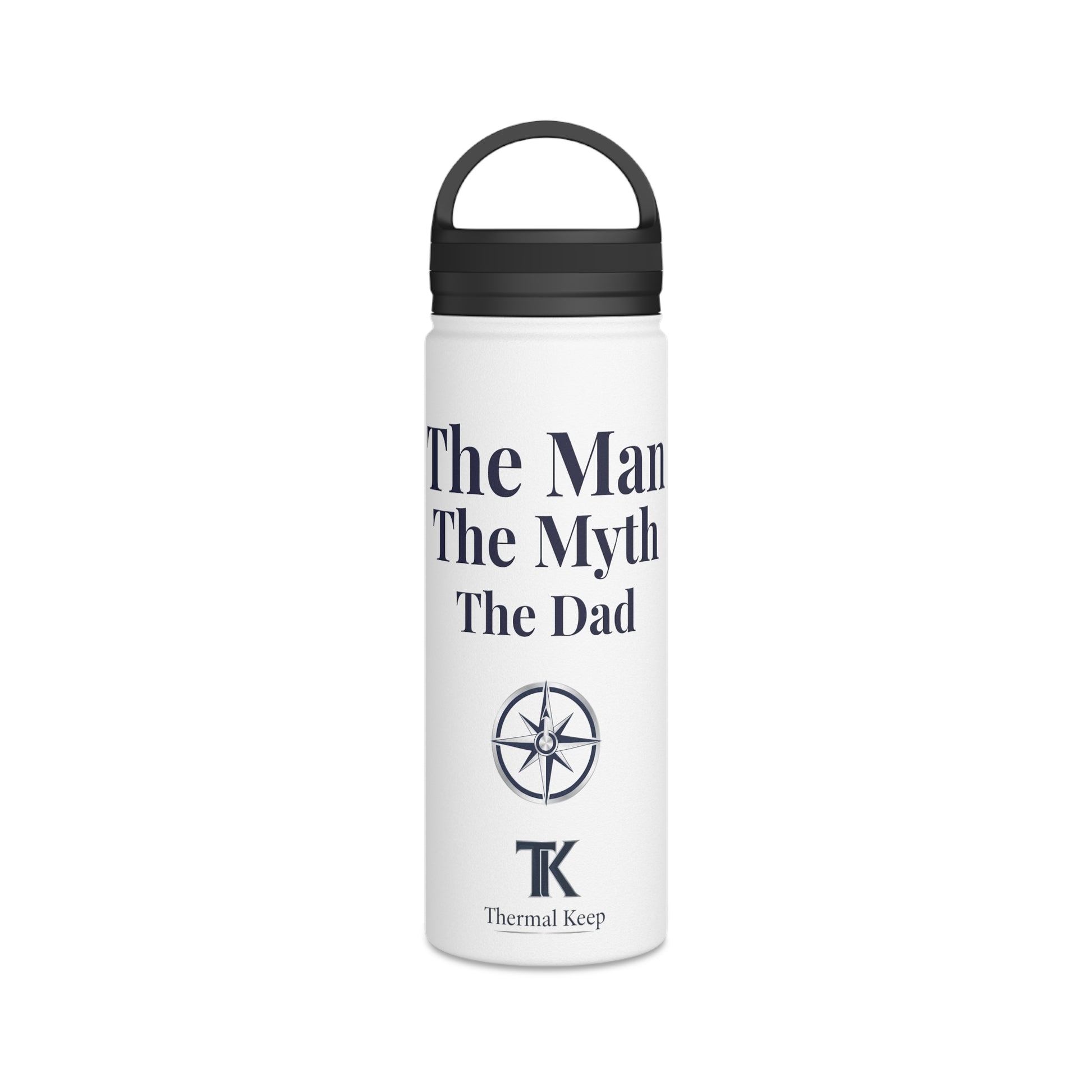 White insulated bottle with black text and logo on a white background