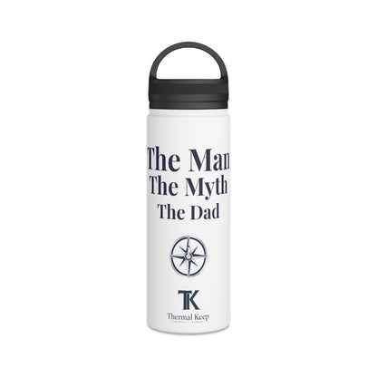 White insulated bottle with black text and logo on a white background