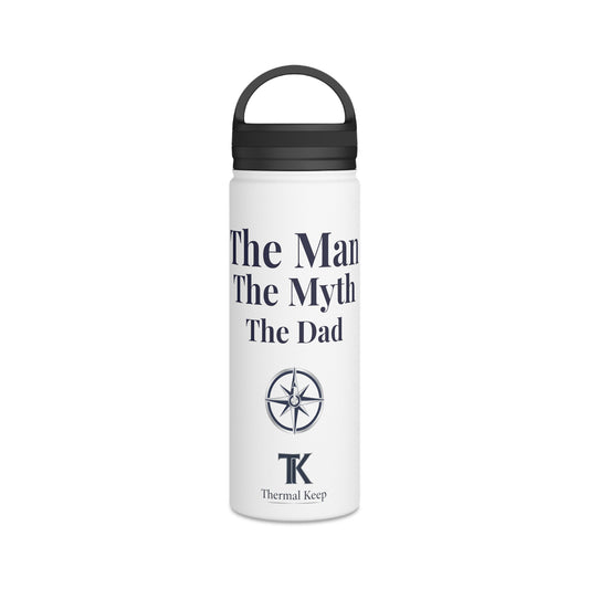 White insulated bottle with black text and logo on a white background
