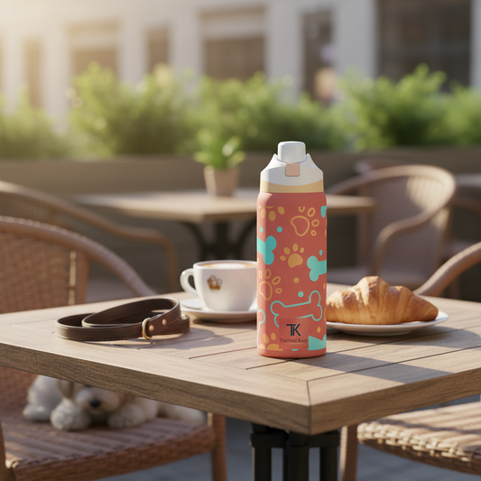 Colorful water bottle with dog-themed design on a table with coffee and pastries outdoors.