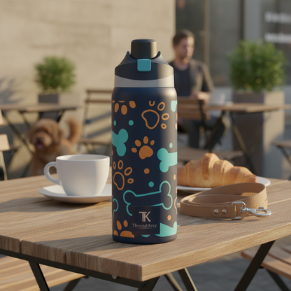 Thermal Keep water bottle with paw print design on a table with a cup and croissant in an outdoor setting.