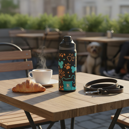 Coffee cup, water bottle with dog-themed design, and croissant on a table outdoors.