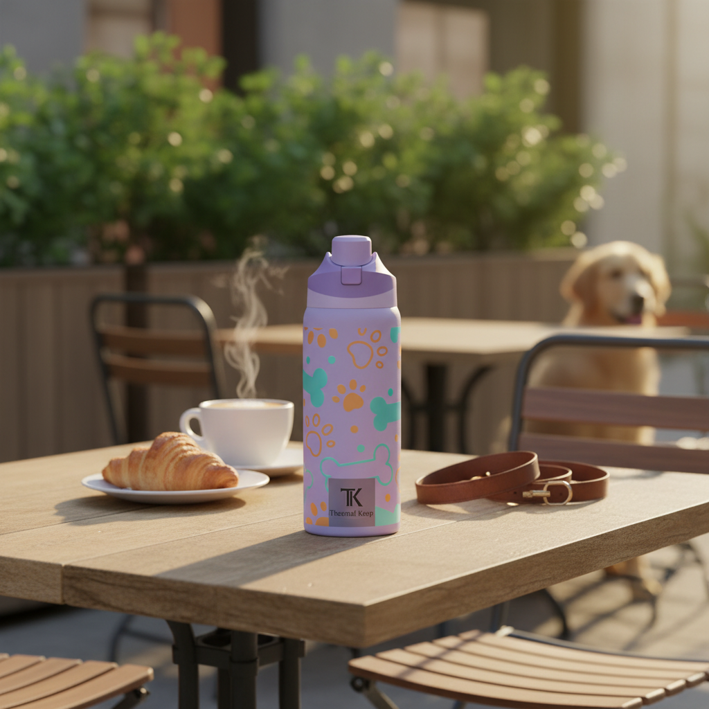 Colorful water bottle with dog-themed design on a table with a cup, croissant, and dog leash.