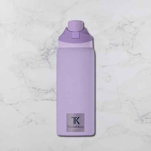 Purple lavanda insulated bottle with 'Thermal Keep' logo on a marble surface