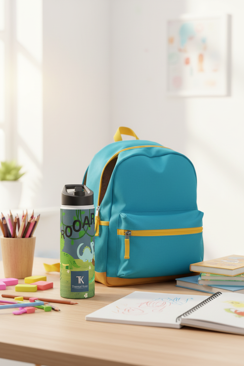 Blue Dinosaur stainless steel bottle in a desk beside a backpack.  Ready for Back to School.