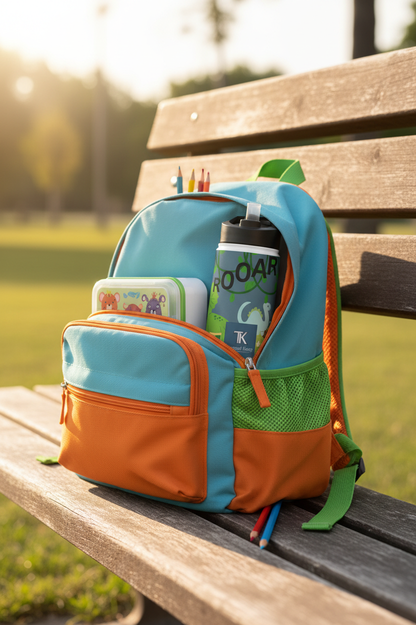 Blue Dinosaur stainless steel bottle in a colorful backpack.  Ready for Back to School.