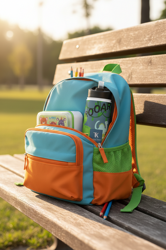 Blue Dinosaur stainless steel bottle in a colorful backpack.  Ready for Back to School.