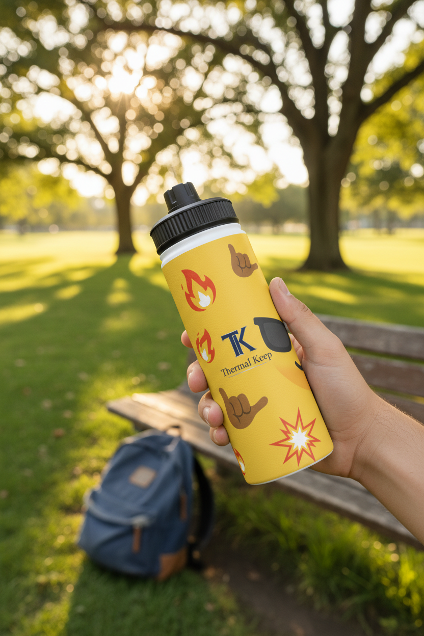 Emoji Pattern Stainless Steel Water Bottle — Yellow Cool Face & Flames Sports Lid