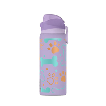 Purple water bottle with paw print design on a white background